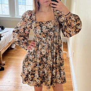 Mittoshop Multi-Color Fall Floral Puff Long Sleeve Shimmer Dress (Size S)